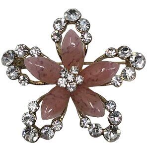 Vintage Pink Flower Brooch Gold Tone Rhinestone Costume Jewelry Floral Pin